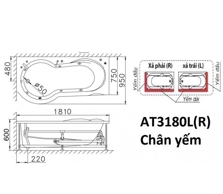 BỒN TẮM CÓ CHÂN YẾM CAESAR AT3180L(R)