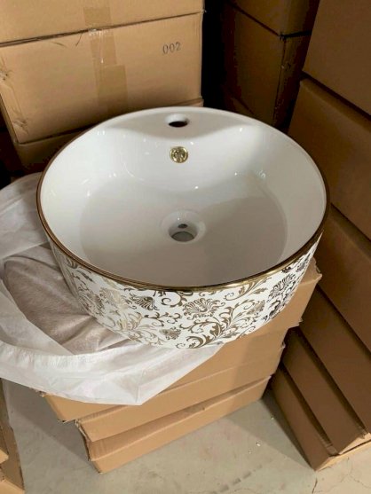 Lavabo tròn để bàn hoa văn mạ vàng